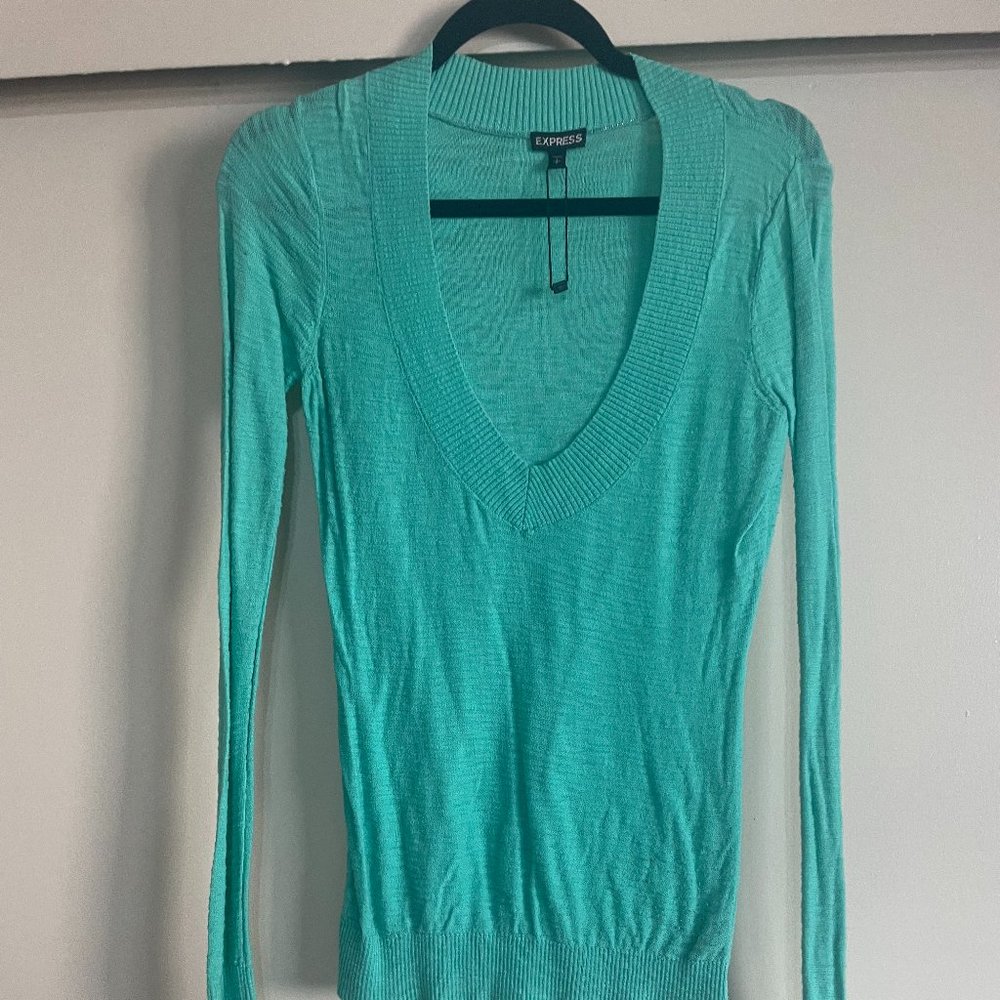 Plunging, Express Cyan Knit Sweater